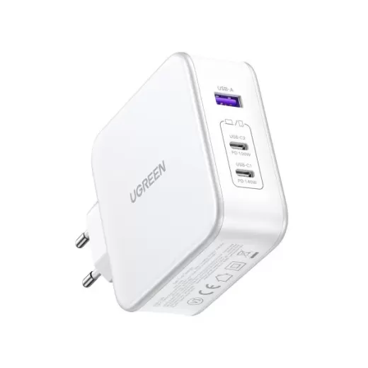 Быстрая зарядка Ugreen CD289 USB-A | 2xUSB-C 140W Fast Charger White with USB-C to USB-C Cable