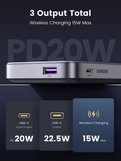 Повербанк с беспроводной зарядкой UGREEN Magnetic Battery 10000mAh Battery Pack with Foldable Kickstand PD 20W Space Grey