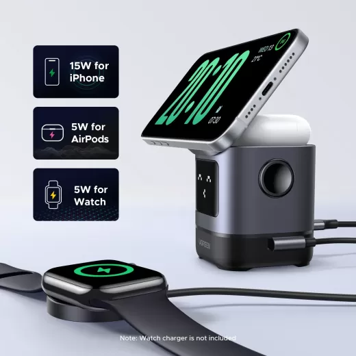 Беспроводная зарядка Ugreen Uno 2 в 1 Magnetic Wireless Charger 15W