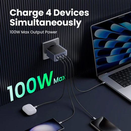 Быстрая зарядка Ugreen X565 Nexode Air USB+3xUSB-C 100W GaN Tech QC4.0 PD3.0 Space Gray 