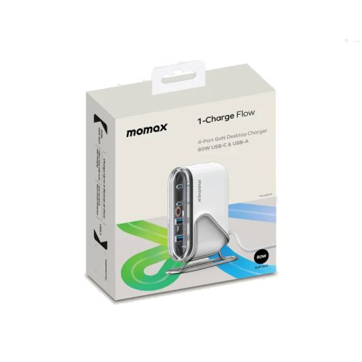 Быстрая зарядка Momax 1-Charge Flow 4-Port 80W GaN Desktop Charger USB-C & USB-A (UM53)