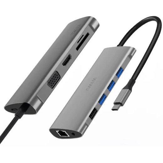 Адаптер WIWU Alpha 11 in 1 USB-C to USB- C+3xUSB3.0+USB2.0+SD/Micro SD+VGA+HDMI+RJ45+3.5mm Grey